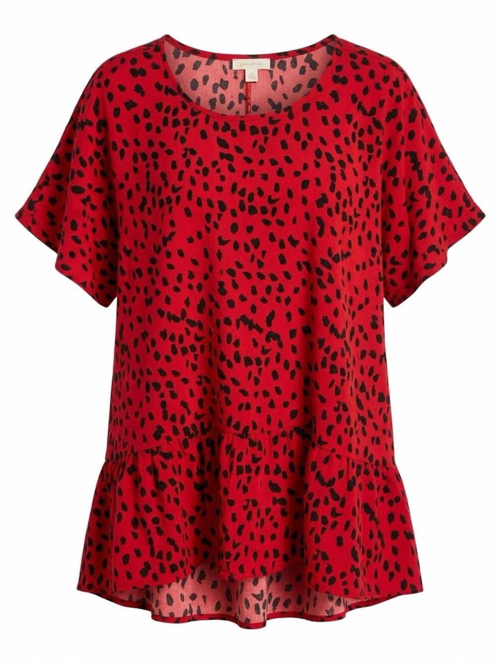 💥4/$15 Red Leopard Maximalism Print Short Sleeve Peplum Hem Blouse 2XL